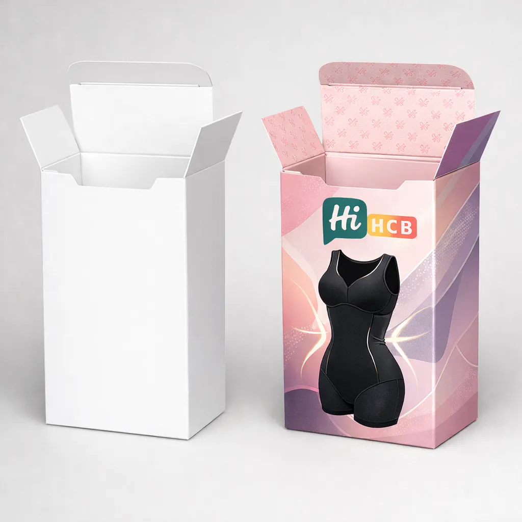 A white tuck-end box next to a printed box showing a black bodysuit illustration on pink.